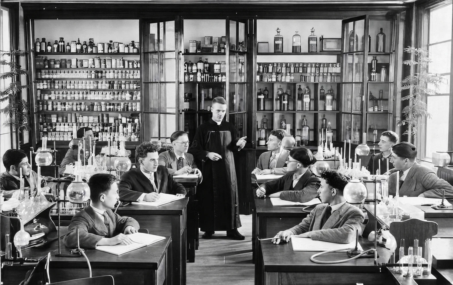 Lezione di chimica con padre H. Boudreau nel 1928